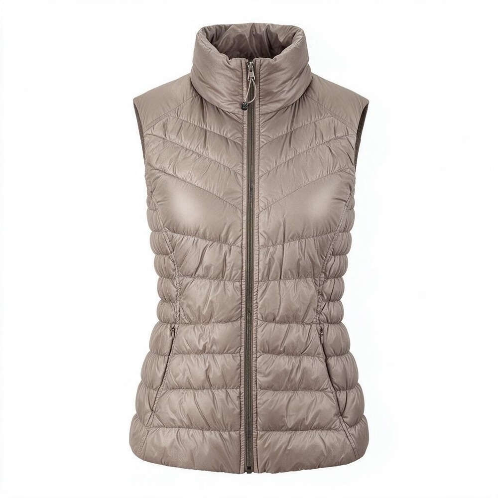 Athleta Puffer Vest Women S Taupe Stone Goose Down Diamond Quilted Full Zip 3037